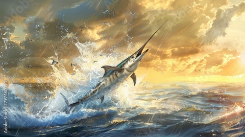 A sleek marlin leaping out of the water in a burst of energy, symbolizing the thrill of sport fishing in the open sea. photo