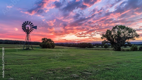A panorama of a lush green meadow at sunset, with a rustic windmill silhouetted against the colorful sky