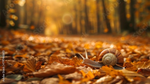 A snail making its way through a maze of fallen leaves in an autumn forest