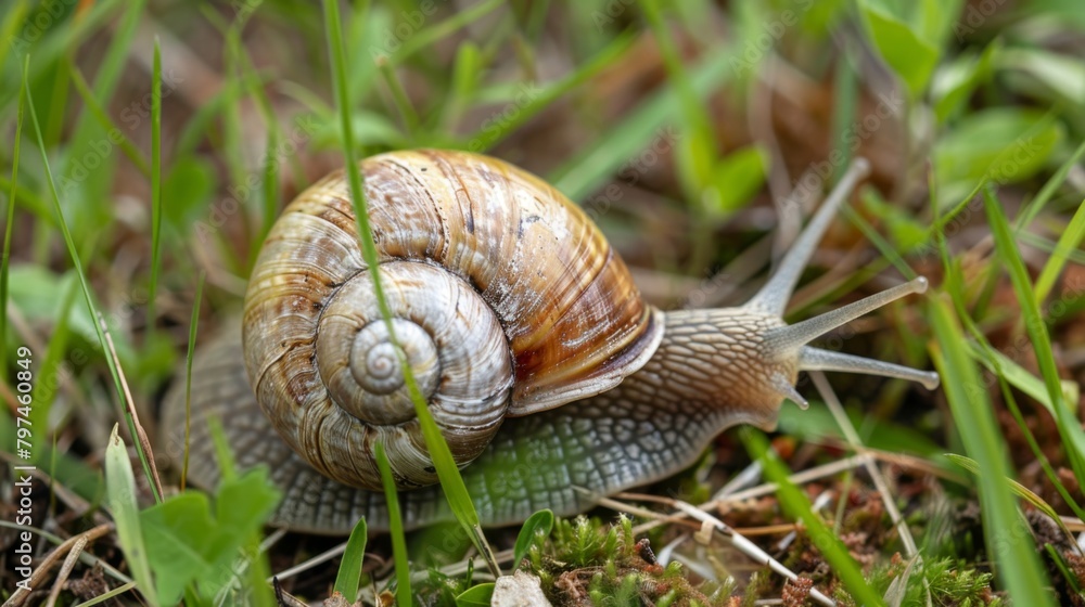 A snail peeking out from its shell, tentatively exploring its surroundings A snail peeking out from its shell, tentatively exploring its surroundings