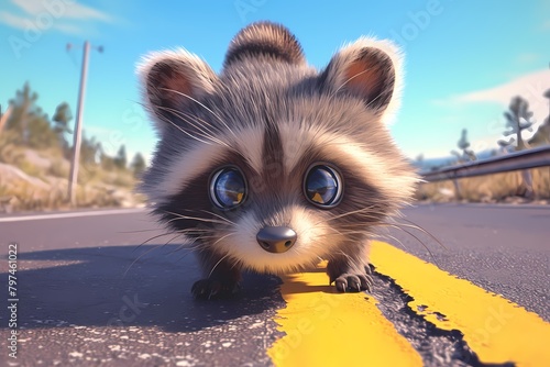 cute and happy cartoon Raccoon on the street photo