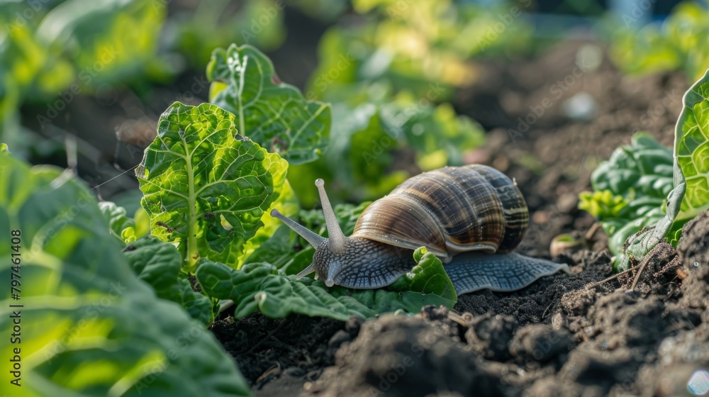 A snail reaching out tentatively to nibble on a tender leaf in a vegetable garden A snail reaching out tentatively to nibble on a tender leaf in a vegetable garden