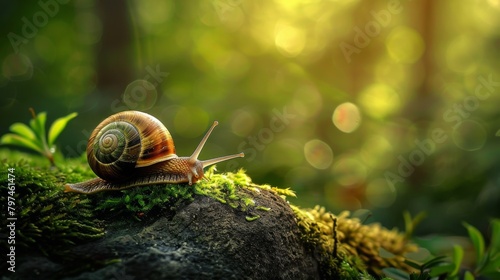 A snail slowly inching its way across a mossy rock in a tranquil forest setting photo