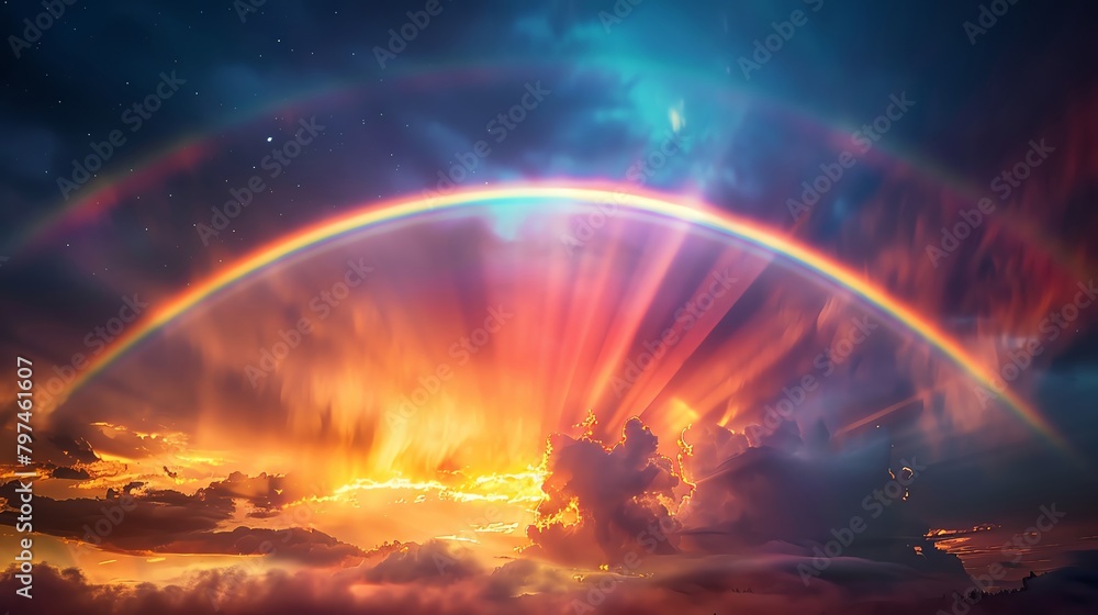 Vibrant neon rainbow arcing across a night sky, with beams of light illuminating the clouds in surreal colors