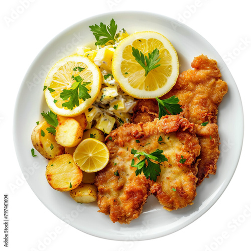 German schnitzel with lemon slices and parsley, accompanied by potato salad on a transparent background