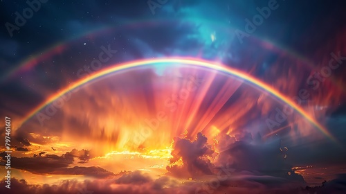 Vibrant neon rainbow arcing across a night sky, with beams of light illuminating the clouds in surreal colors © Nawarit