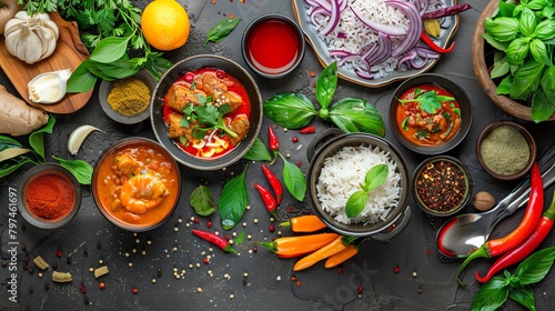Vibrant scene of a traditional Thai food spread, featuring spicy curries, fragrant rice, and fresh herbs, with an emphasis on the colorful spices