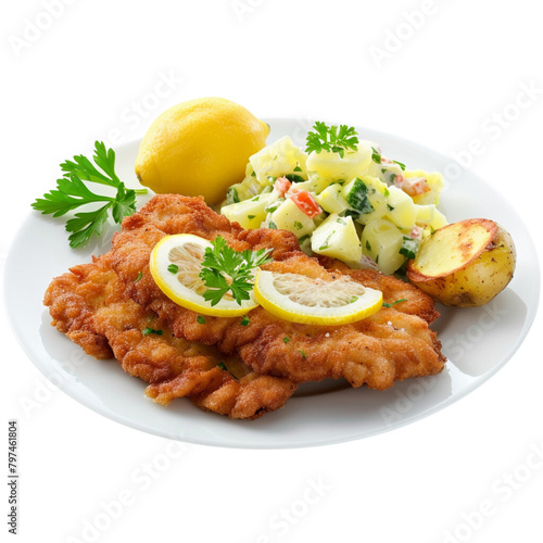 German schnitzel with lemon slices and parsley, accompanied by potato salad on a transparent background