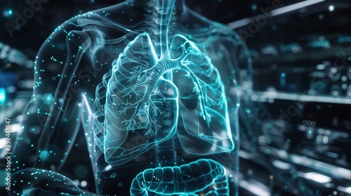 X-ray of a human chest with the heart and major arteries glowing in digital blue on a sleek, modern interface