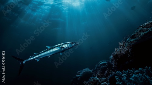 A solitary barracuda patrolling the edge of a reef, its sleek form blending into the shadows of the underwater world. photo