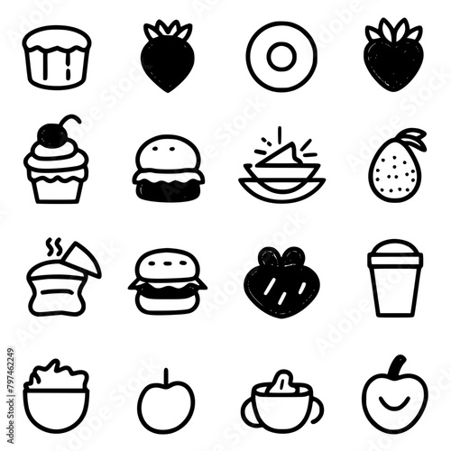 Food icon, menu icon, restaurant icon, dinner icon, kitchen icon, silhouette icon, banquet icon, bar icon, catering icon, fish icon, hamburger icon, food, cake, icon, vector, coffee, set, illustration