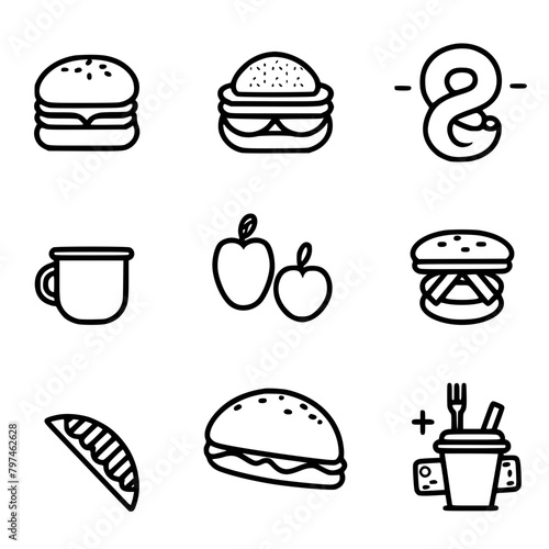 Food icon, menu icon, restaurant icon, dinner icon, kitchen icon, silhouette icon, banquet icon, bar icon, catering icon, fish icon, hamburger icon, food, cake, icon, vector, coffee, set, illustration