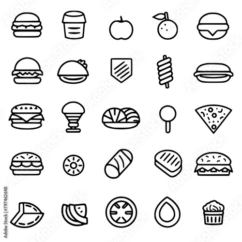 Food icon, menu icon, restaurant icon, dinner icon, kitchen icon, silhouette icon, banquet icon, bar icon, catering icon, fish icon, hamburger icon, food, cake, icon, vector, coffee, set, illustration