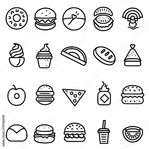 Food icon, menu icon, restaurant icon, dinner icon, kitchen icon, silhouette icon, banquet icon, bar icon, catering icon, fish icon, hamburger icon, food, cake, icon, vector, coffee, set, illustration