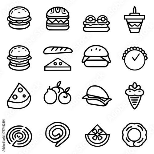 Food icon, menu icon, restaurant icon, dinner icon, kitchen icon, silhouette icon, banquet icon, bar icon, catering icon, fish icon, hamburger icon, food, cake, icon, vector, coffee, set, illustration