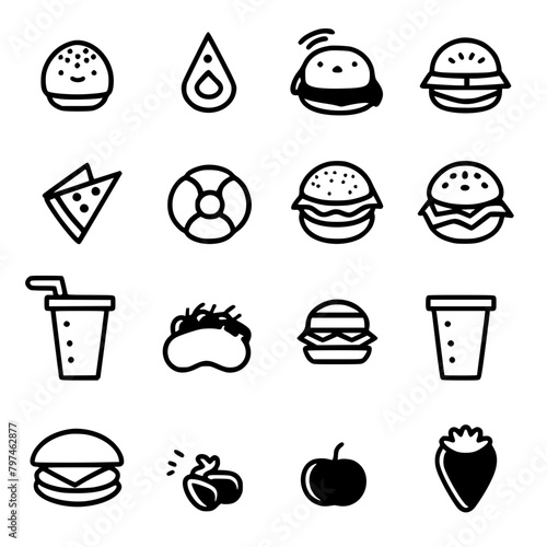 Food icon, menu icon, restaurant icon, dinner icon, kitchen icon, silhouette icon, banquet icon, bar icon, catering icon, fish icon, hamburger icon, food, cake, icon, vector, coffee, set, illustration