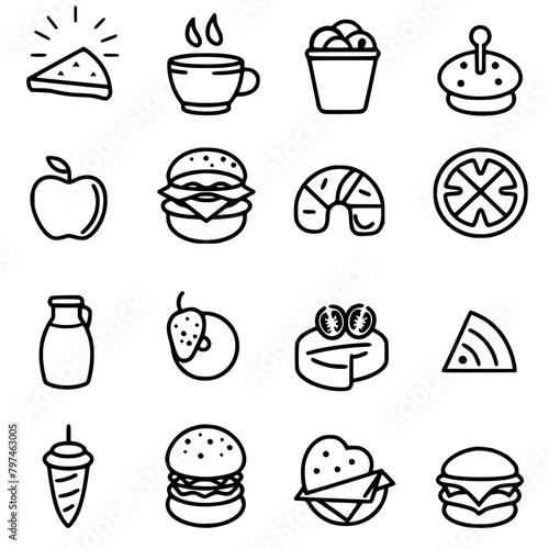 Food icon, menu icon, restaurant icon, dinner icon, kitchen icon, silhouette icon, banquet icon, bar icon, catering icon, fish icon, hamburger icon, food, cake, icon, vector, coffee, set, illustration