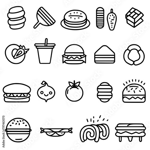 Food icon, menu icon, restaurant icon, dinner icon, kitchen icon, silhouette icon, banquet icon, bar icon, catering icon, fish icon, hamburger icon, food, cake, icon, vector, coffee, set, illustration