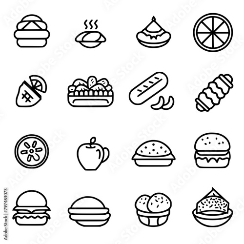 Food icon, menu icon, restaurant icon, dinner icon, kitchen icon, silhouette icon, banquet icon, bar icon, catering icon, fish icon, hamburger icon, food, cake, icon, vector, coffee, set, illustration