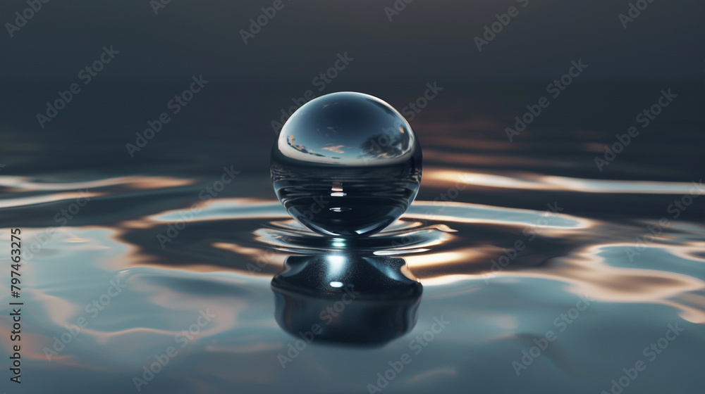 Metallic Sphere Floating on Water Surface 3D Render Metallic Sphere Floating on Water Surface 3D Render