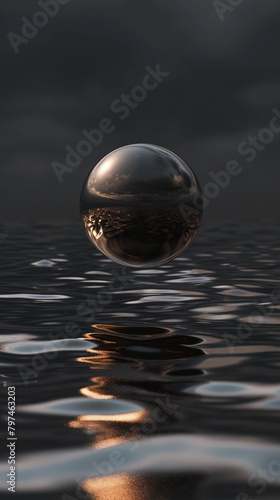 Metallic Sphere Floating on Water Surface 3D Render