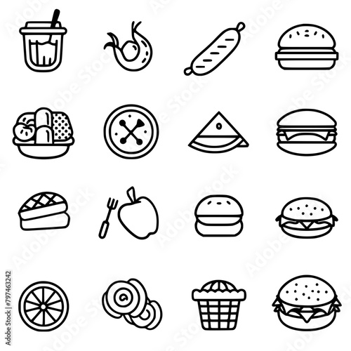Food icon, menu icon, restaurant icon, dinner icon, kitchen icon, silhouette icon, banquet icon, bar icon, catering icon, fish icon, hamburger icon, food, cake, icon, vector, coffee, set, illustration