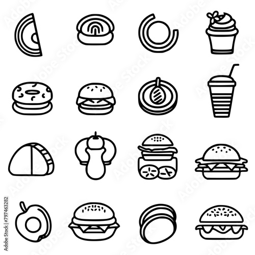 Food icon, menu icon, restaurant icon, dinner icon, kitchen icon, silhouette icon, banquet icon, bar icon, catering icon, fish icon, hamburger icon, food, cake, icon, vector, coffee, set, illustration