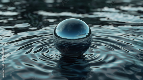 Metallic Sphere Floating on Water Surface 3D Render
