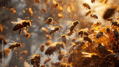 A swarm of bees buzzing around a hive, illustrating the organized chaos of communal insect life. © Plaifah