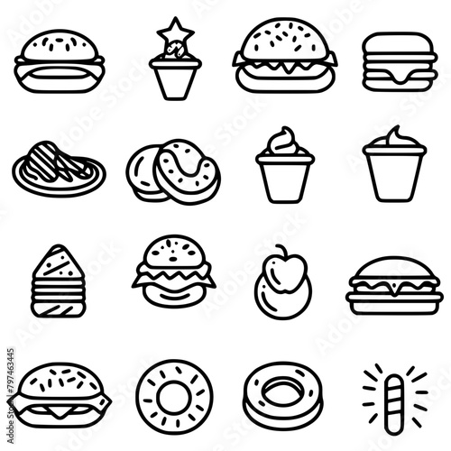 Food icon, menu icon, restaurant icon, dinner icon, kitchen icon, silhouette icon, banquet icon, bar icon, catering icon, fish icon, hamburger icon, food, cake, icon, vector, coffee, set, illustration