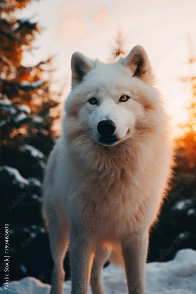 a white wolf standing in the snow