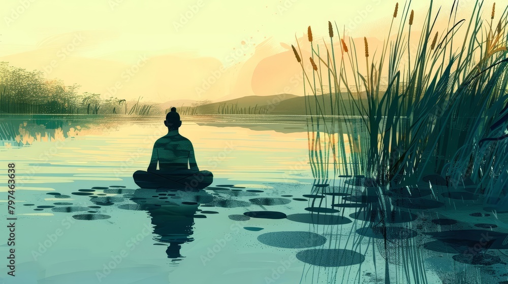A serene figure sits by a tranquil lake, legs crossed in meditation, surrounded by whispering reeds, embodying a peaceful meditation cartoon concept