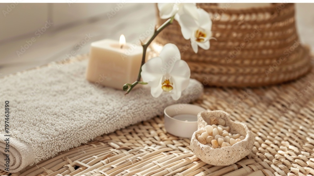 Close-up of a woven bath mat with a single orchid bloom, a handcrafted ceramic soap dish, and a candle snuffer Close-up of a woven bath mat with a single orchid bloom, a handcrafted ceramic soap dish, and a candle snuffer