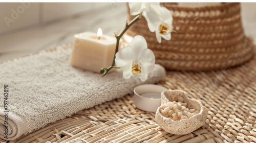 Close-up of a woven bath mat with a single orchid bloom, a handcrafted ceramic soap dish, and a candle snuffer photo
