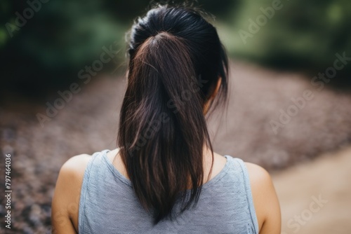 a woman with her hair in a ponytail