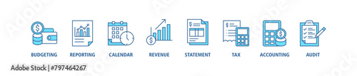 Fiscal year banner web icon set vector illustration concept with icon of budgeting, reporting, calendar, revenue, statement, tax, accounting, audit