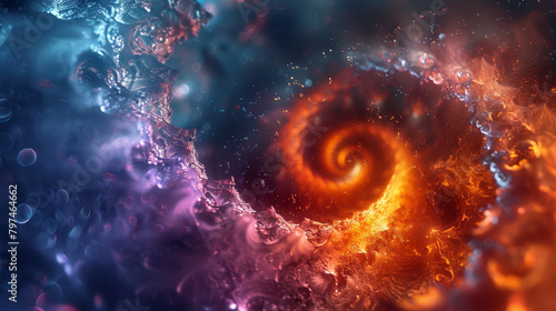 A spiral of fire and water with a blue background