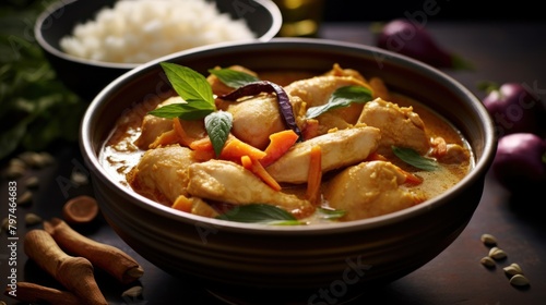 a bowl of chicken curry with rice and spices