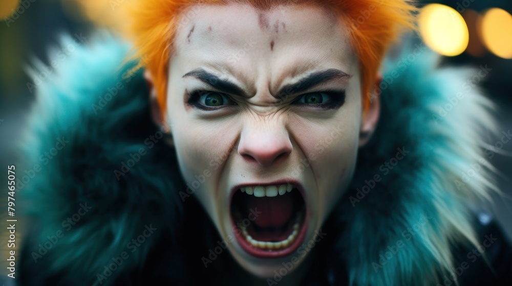 a person with orange hair and a fur coat yelling a person with orange hair and a fur coat yelling