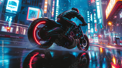 Action shot with man riding a bike in futuristic cyberpunk city. Dynamic scene with motorcycle ride in action movie blockbuster style. photo