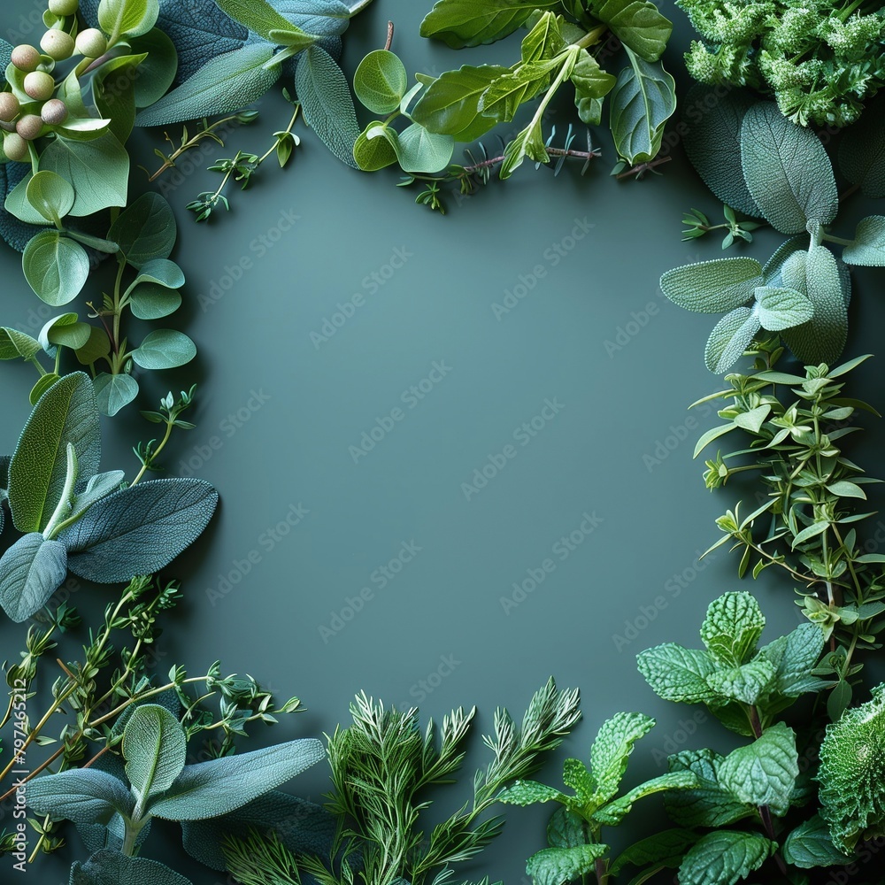 Square frame of herbs on a green background and copy space - obrazy, fototapety, plakaty 