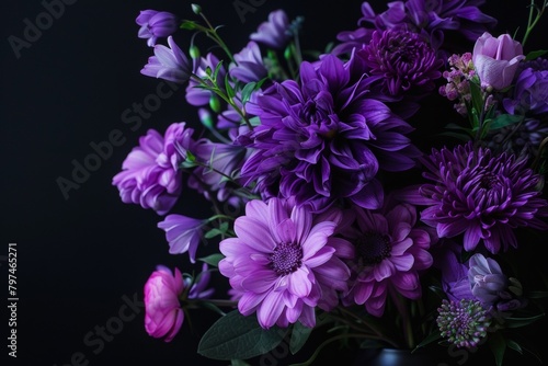 Moody floral still life, deep purple blooms against a black backdrop