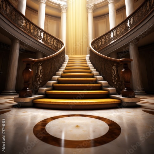 a staircase with a light shining through the ceiling