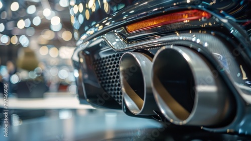 Crisp focus on the tailpipes of a highend vehicle at an exclusive automotive exhibition 