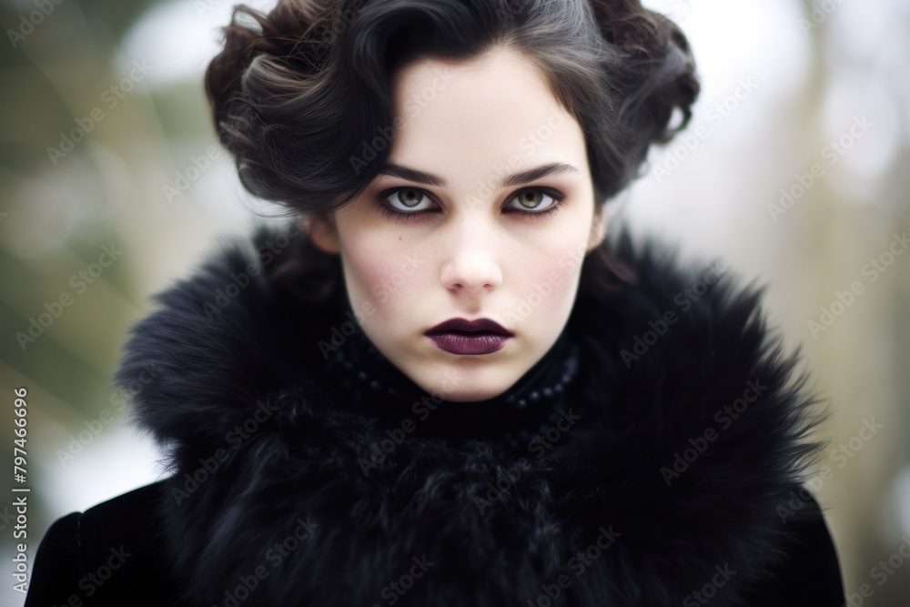 a woman with dark hair and a fur coat