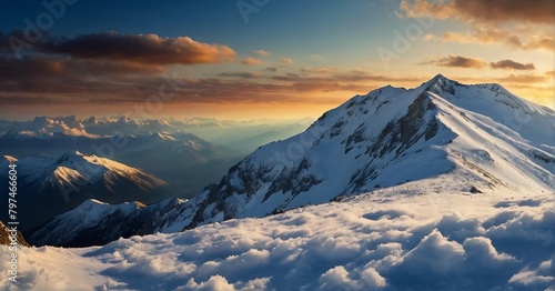 Panoramic view of the snow-capped peaks of the Caucasus Mountains at sunset photo