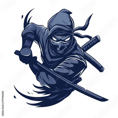essence of agility and stealth, portraying a ninja adorned in dark attire, his face concealed, brandishing a sword with adeptness amidst an intense moment