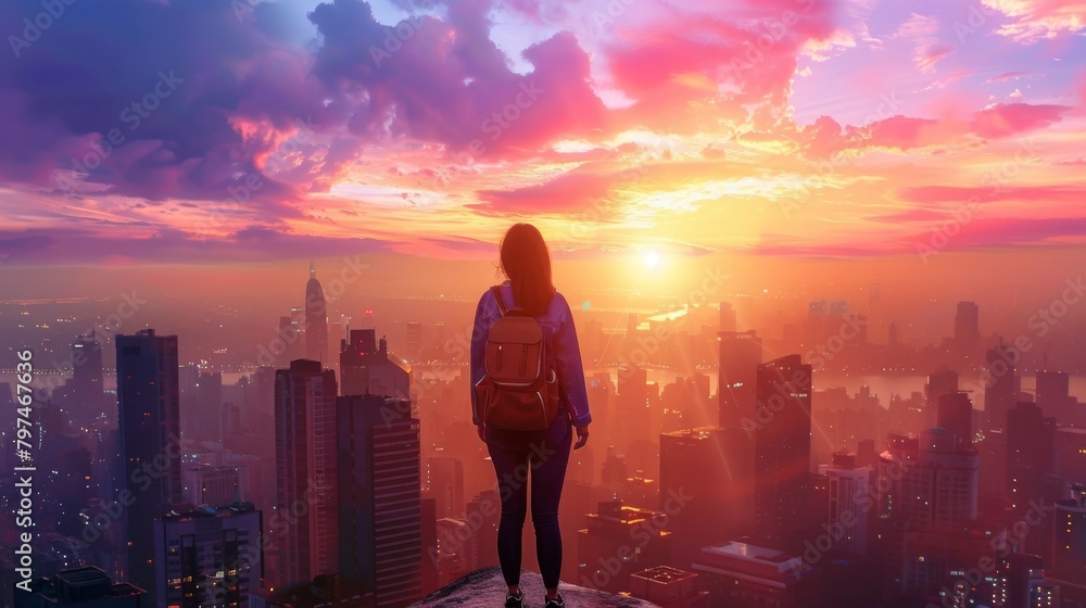 A traveler admiring the sunset over a stunning skyline, embracing the beauty of new destinations. A traveler admiring the sunset over a stunning skyline, embracing the beauty of new destinations.