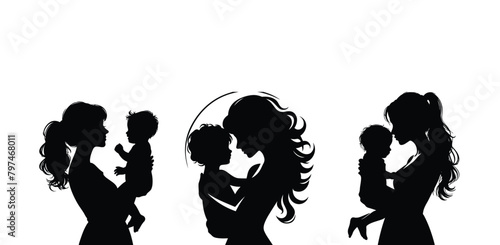 Collection of mom and baby silhouettes in different poses 