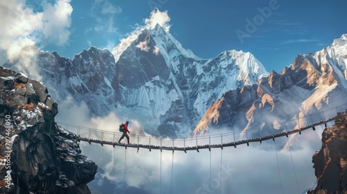 A traveler crossing a suspension bridge against a backdrop of towering mountains